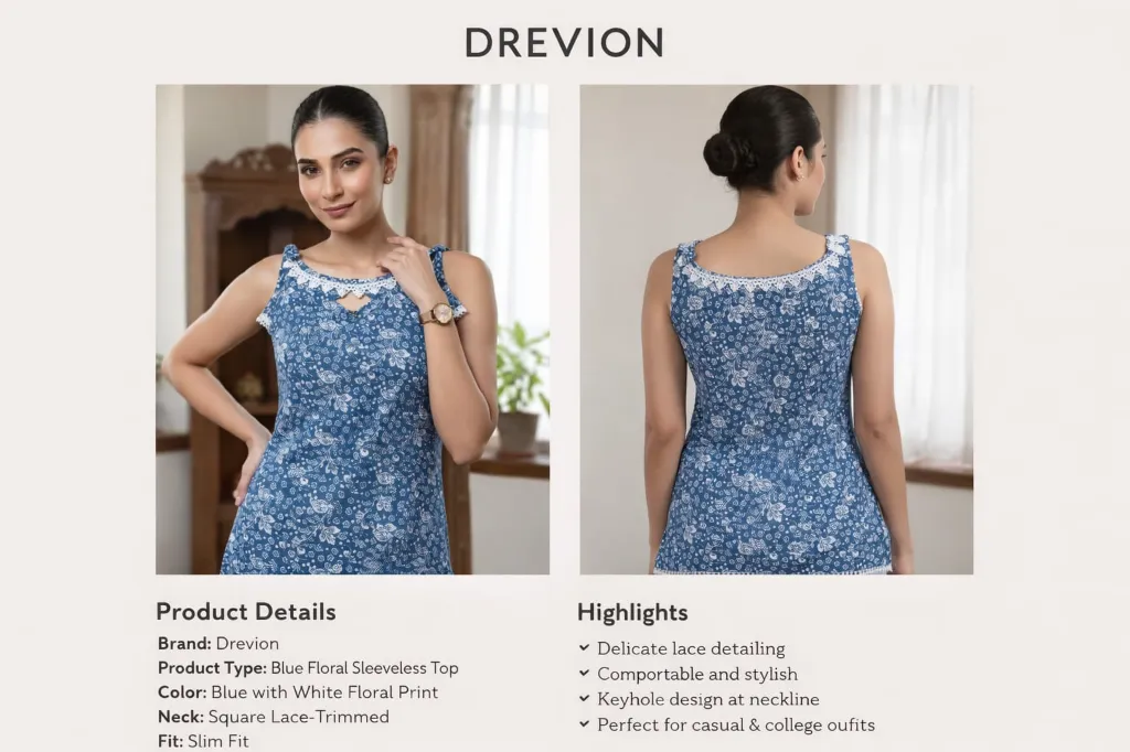 Stylish Navy Blue Floral Print Sleeveless Kurti (XS)