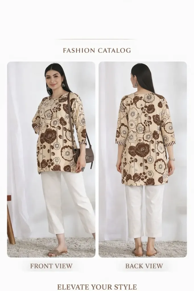 Floral Printed V-Neck Rayon Short Kurti (S)
