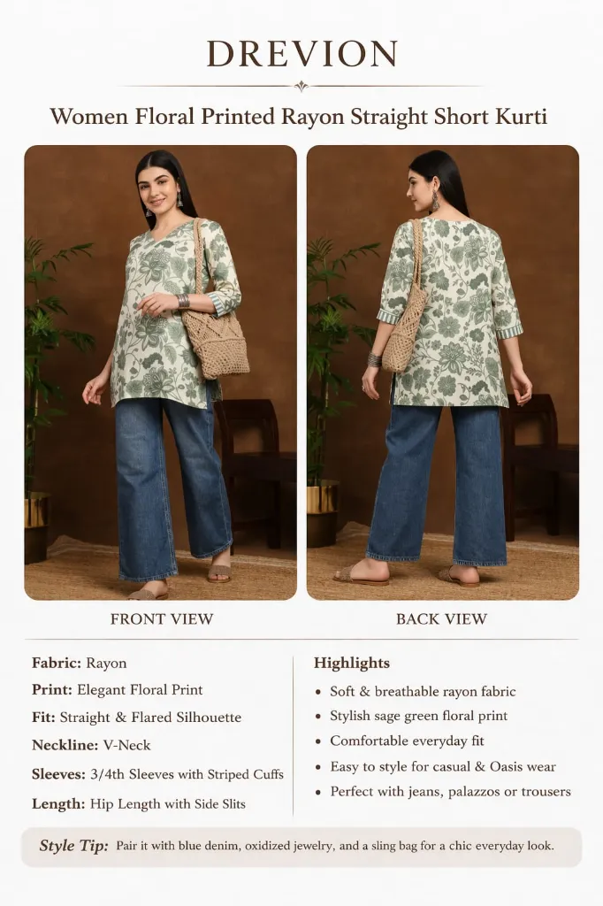 Women Floral Printed Rayon Straight Short Kurti (S)