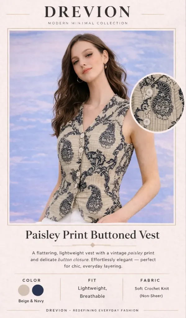 V-Nack printed cotton waistcoat top vest (S)