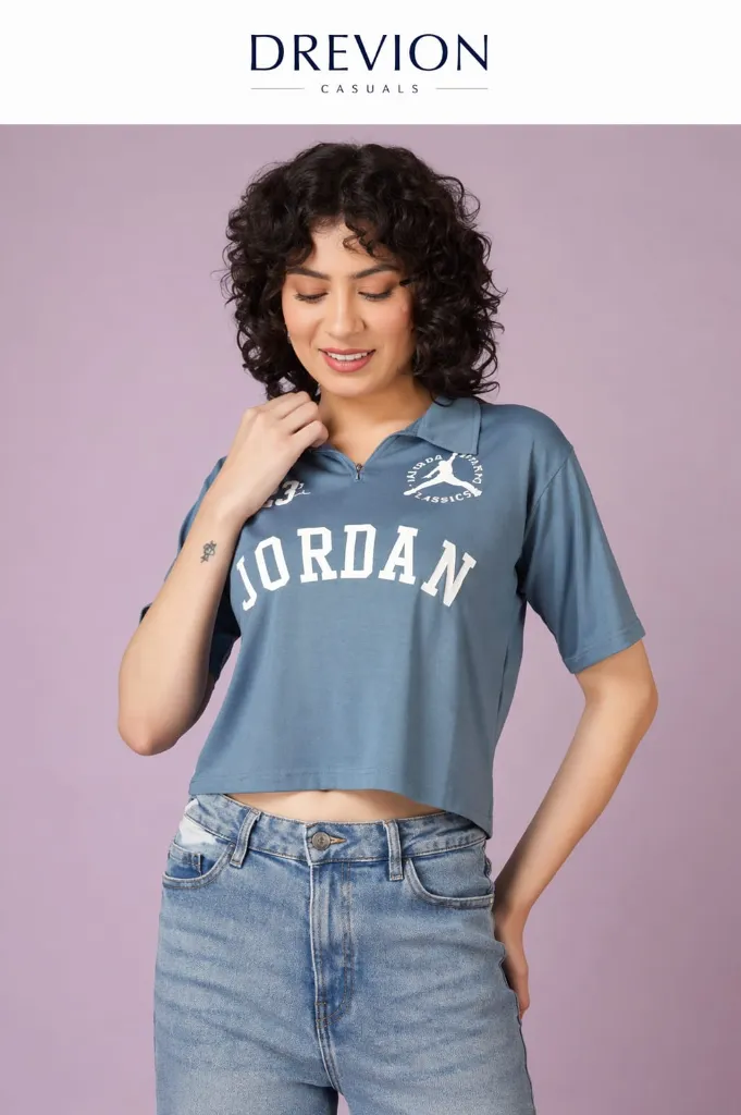 Women Blue Cotton T-Shirt Cropped Fit Polo Neck Graphic Casual Top (S)