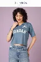 Women Blue Cotton T-Shirt Cropped Fit Polo Neck Graphic Casual Top