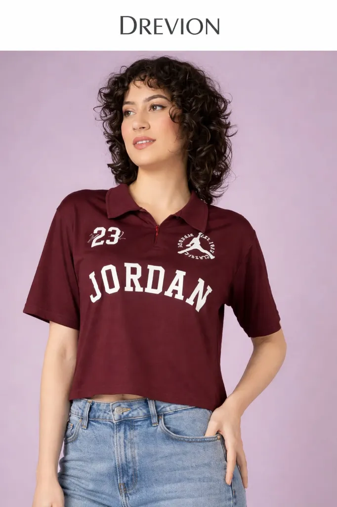 Women Maroon Cotton T-Shirt Cropped Fit Polo Neck Graphic Casual Top (S)