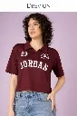 Women Maroon Cotton T-Shirt Cropped Fit Polo Neck Graphic Casual Top
