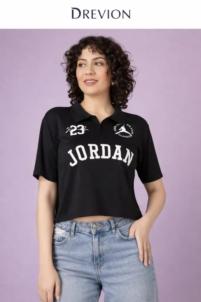 Women Black Cotton T-Shirt Cropped Fit Polo Neck Graphic Casual Top