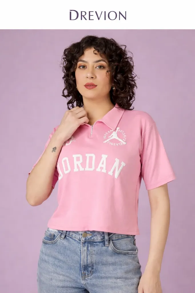 Women Pink Cotton T-Shirt Cropped Fit Polo Neck Graphic Casual Top (S)