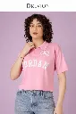 Women Pink Cotton T-Shirt Cropped Fit Polo Neck Graphic Casual Top