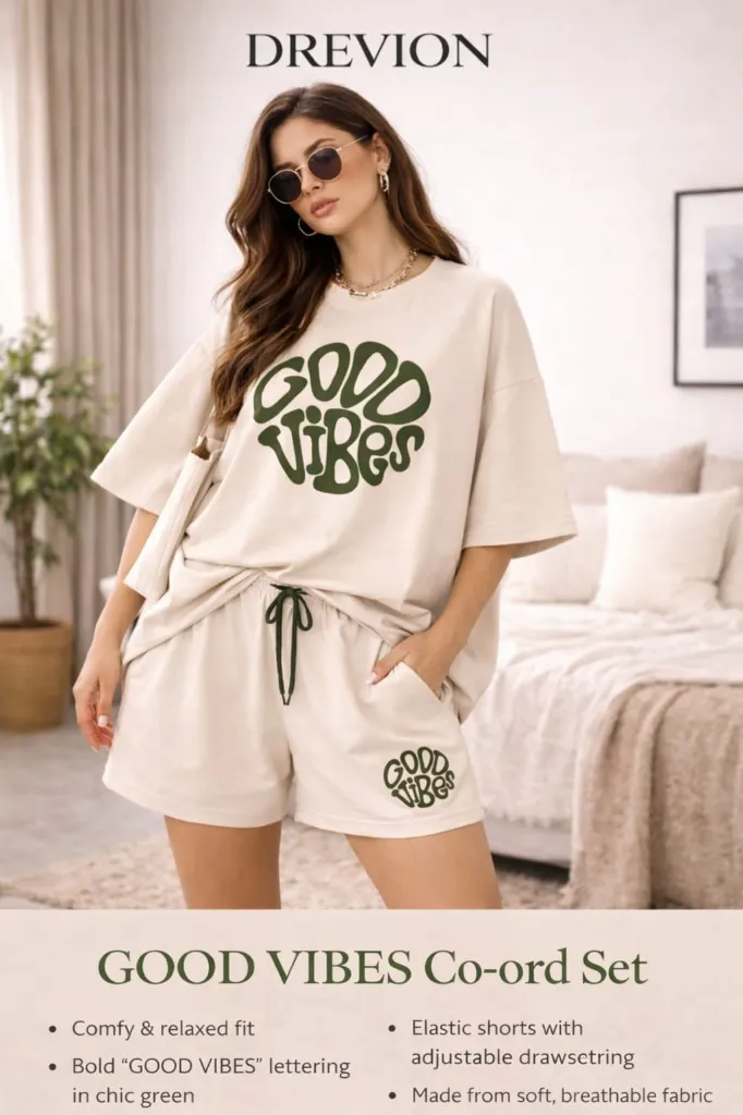 Good vibe t shirt loose fit t shirt for woman .printed oversized top & bottom set (S)