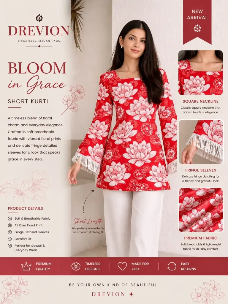 Women Red Cotton Floral Printed Short Kurti (S)