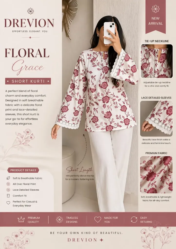 Women Cotton Printed Short Kurti With Bell Sleeve & Lace Border Mauve Pink (S)