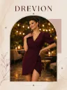 Women Wine  Solid Wrap Mini Dress | V-Neck Party Wear Western Dress