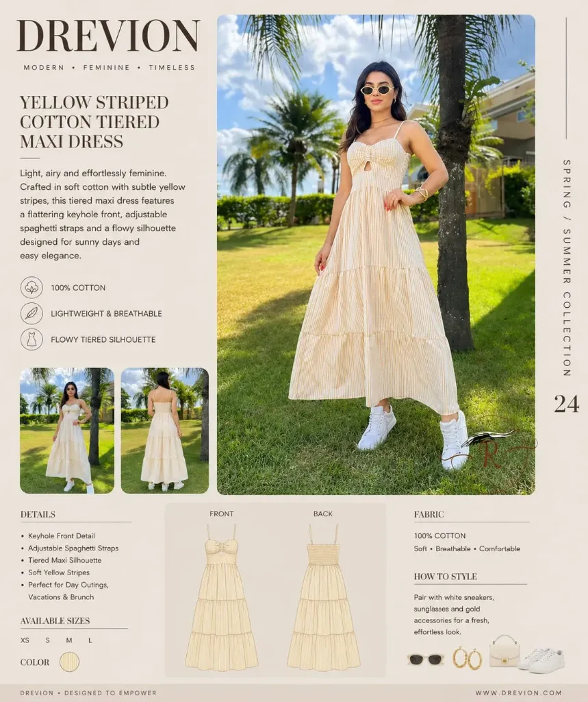 YELLOW STRIPED COTTON TIERED MAXI DRESS (S)