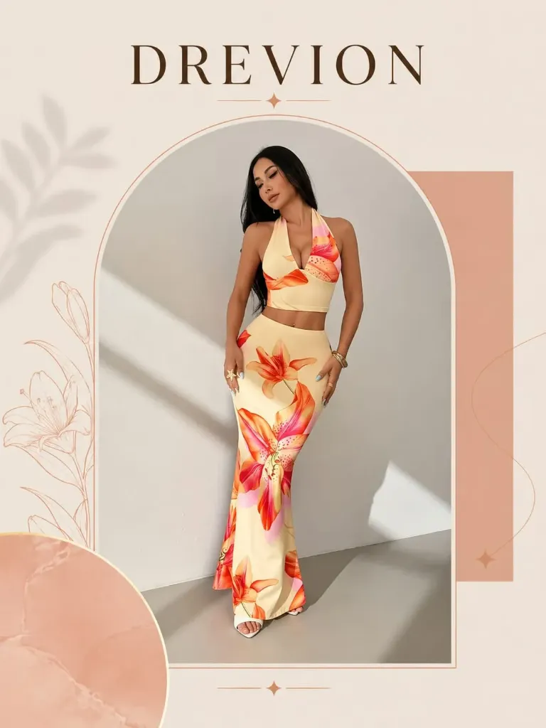 Trendy Halter Neck Floral Maxi Dress for Women | Yellow Orange Bodycon Two-Piece Look Long Dress | Western Beachwear Party Outfit (S)