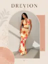 Trendy Halter Neck Floral Maxi Dress for Women | Yellow Orange Bodycon Two-Piece Look Long Dress | Western Beachwear Party Outfit