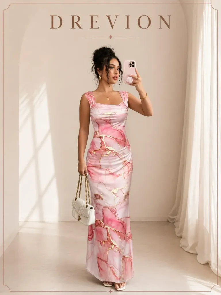 Women Trendy Pink Marble Print Bodycon Maxi Dress | Sleeveless Stretchable Party & Evening Wear Dress (S)