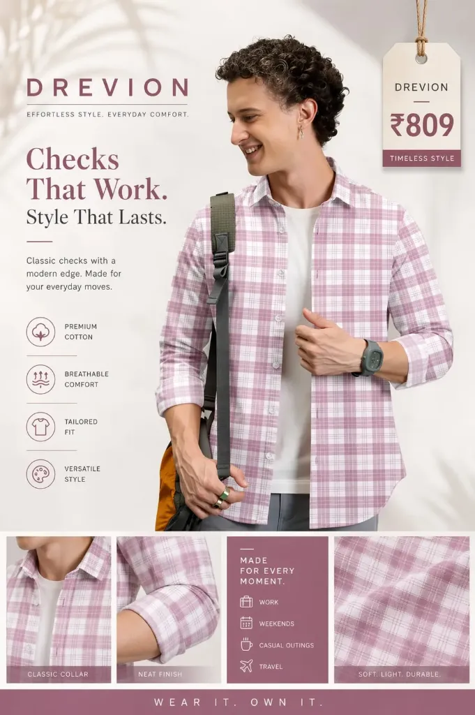 Men's Pink & White Checked Casual Cotton Regular Fit Full Sleeve Shirt (S)