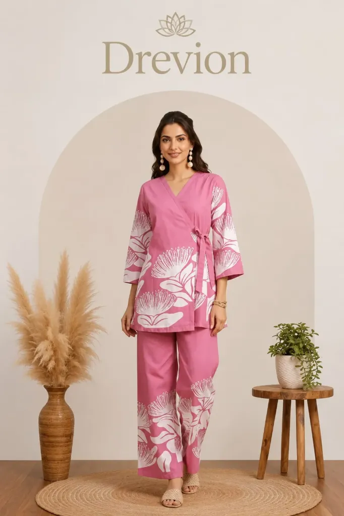 Women’s Pink Floral Printed Co-Ord Set | Wrap Style Top with Tie-Up | Straight Pants | Casual & Ethnic Wear