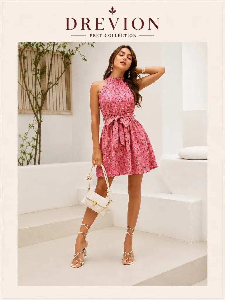 Stylish Pink Floral Halter Neck Mini Dress | Sleeveless Fit & Flare Casual Wear for Women (S)