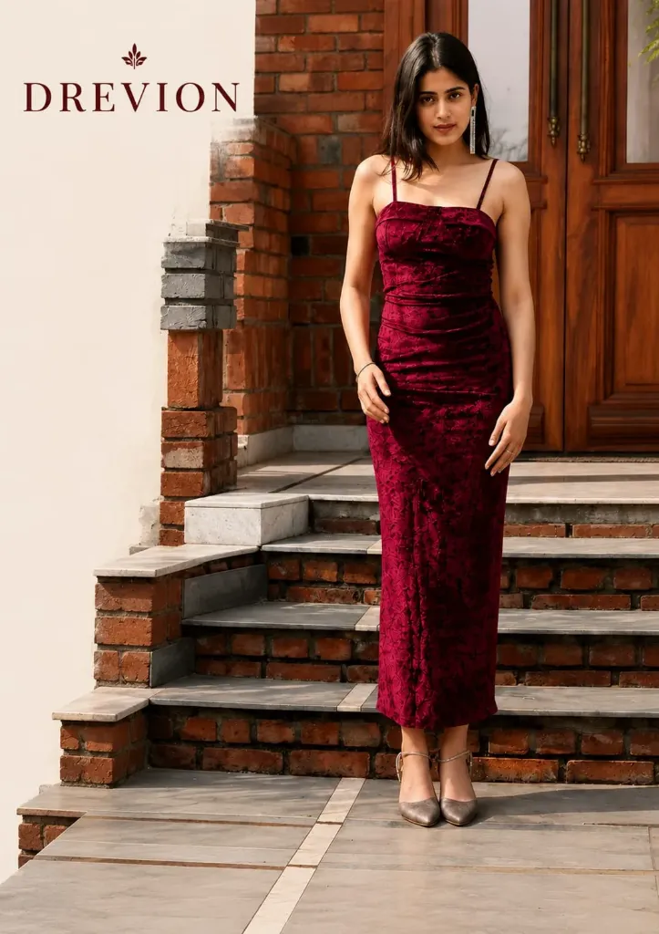 Women Stunning Maroon Velvet Bodycon Dress (S)