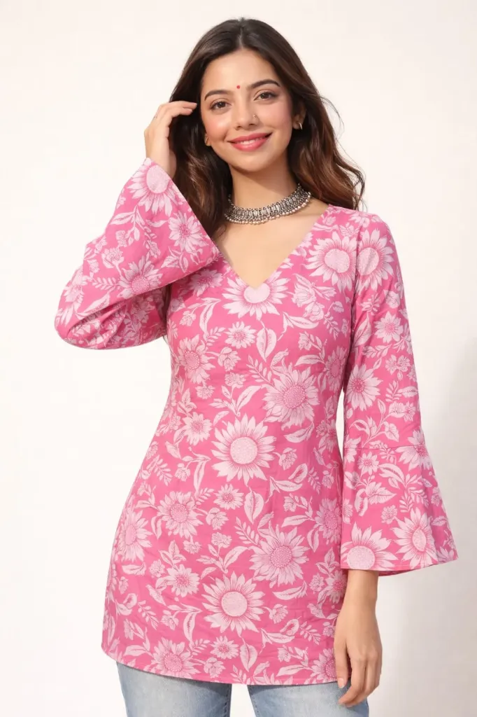 Pink Jaipuri Printed Short Kurti for Women